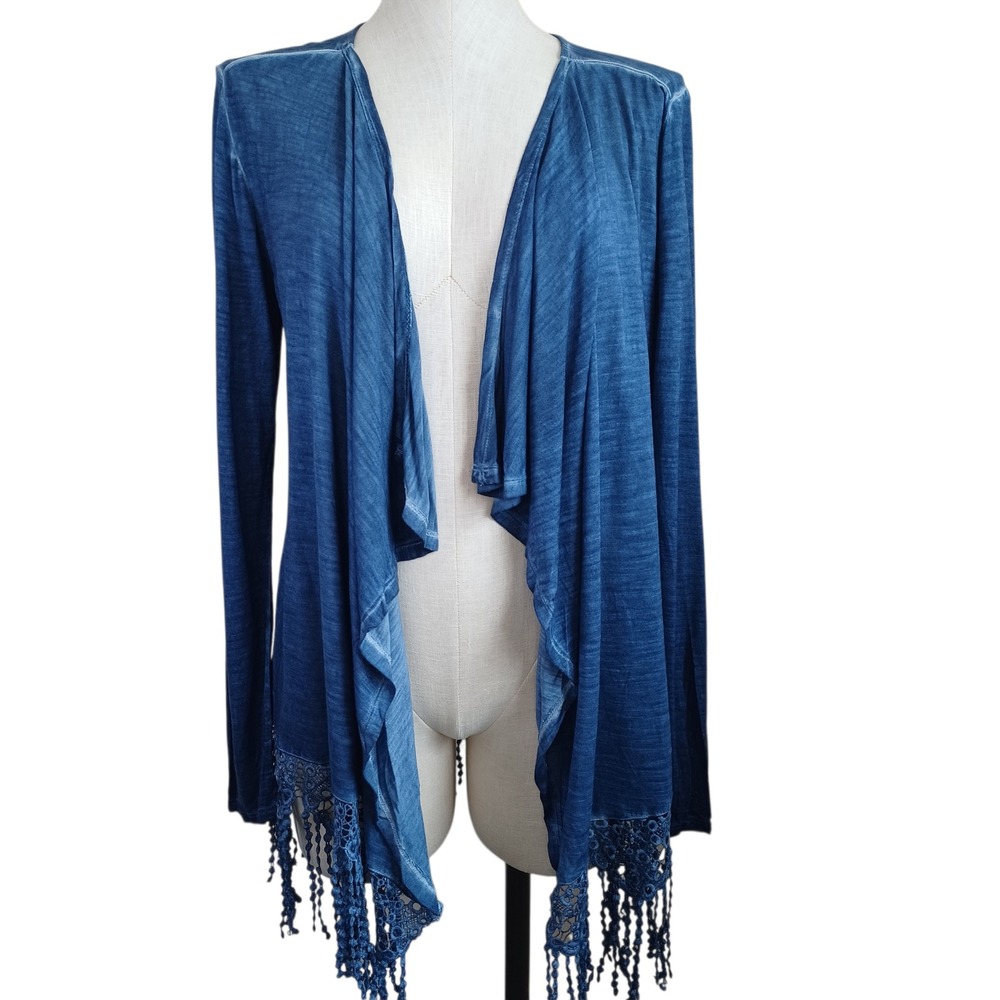 Chicos‎ Blue Open Front Waterfall Cardigan Lace Fringe Hem Hand Dyed Size Small